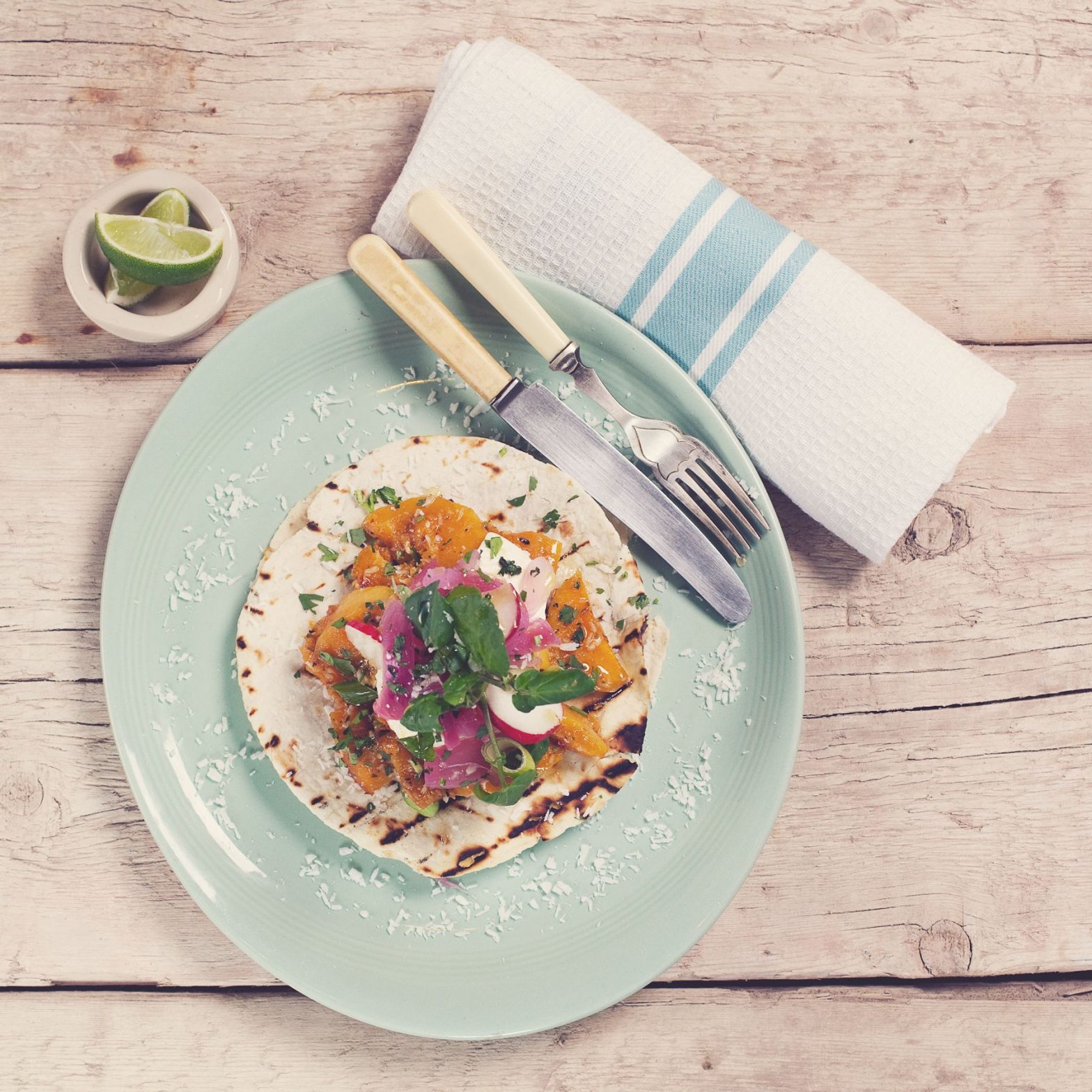 Roasted Coconut Squash Gringas with Pink Pickled Onions & Sour Creme
