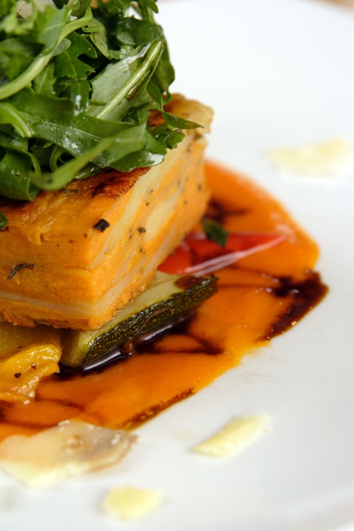 Sweet Potato Gratin with Red Pepper Dressing