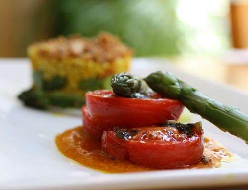 Pearl Cous-Cous Crumble with Mixed Pepper Dressing and Slow Roasted Tomatoes